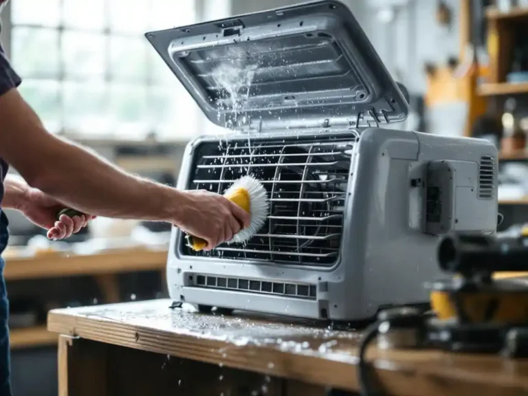 Handen reinigen koelvinnen van verdampingskoeler met zachte borstel op werkbank in garage workshop