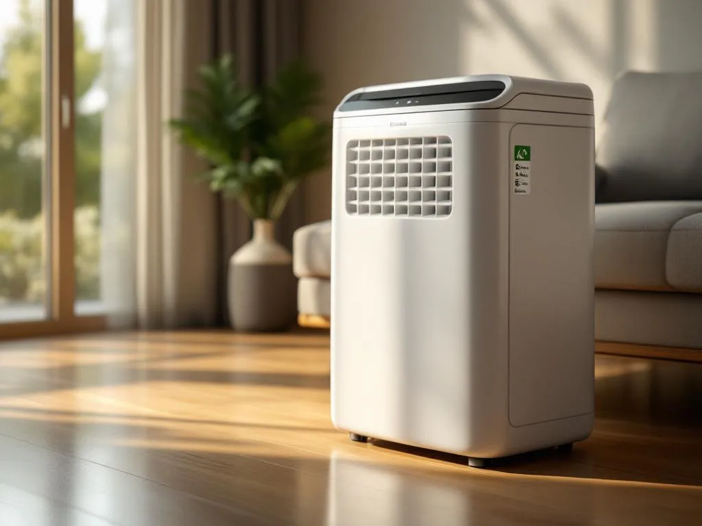 Moderne witte luchtkoeler met energielabel op houten vloer in woonkamer met natuurlijk licht