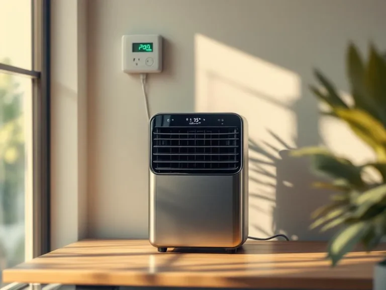 Moderne aircooler op houten tafel met stroomverbruiksmeter op de muur en stekker in stopcontact bij daglicht
