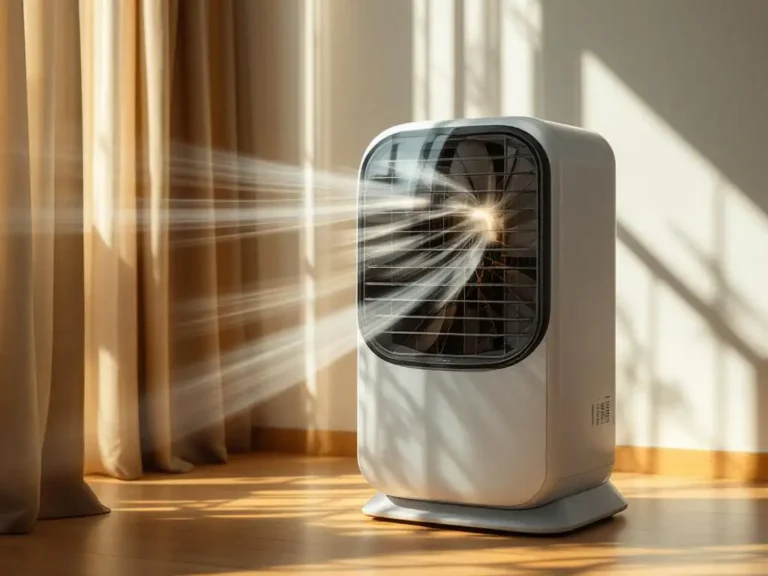 Moderne luchtkoeler op houten vloer met zichtbare ventilatoren en koellamellen, natuurlijk licht door raam