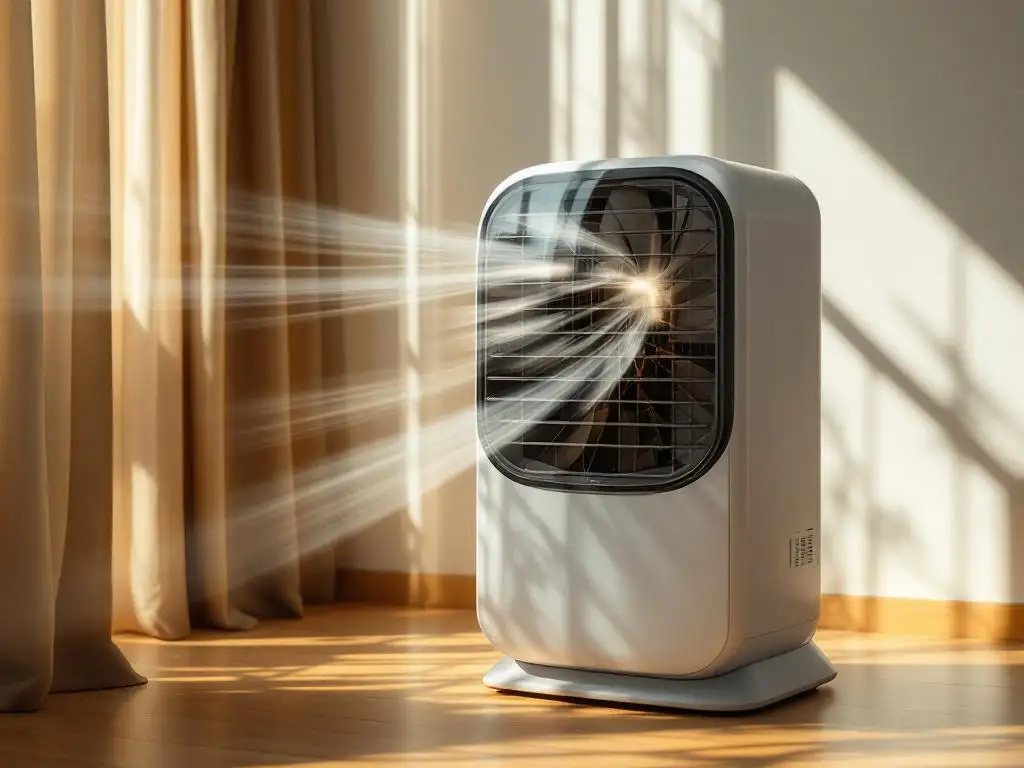 Moderne luchtkoeler op houten vloer met zichtbare ventilatoren en koellamellen, natuurlijk licht door raam
