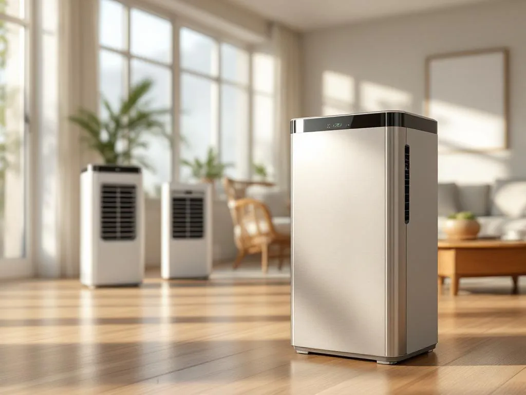 Moderne aircooler units op houten vloer in hedendaagse woonkamer met natuurlijk licht door grote ramen