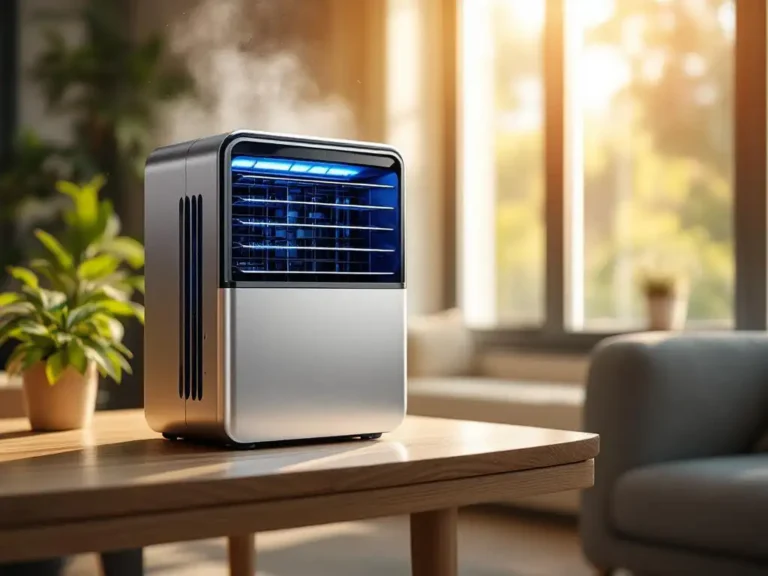Moderne luchtkoeler met zichtbare ventilator op houten tafel in lichte woonkamer, koele nevel uit bovenventielen