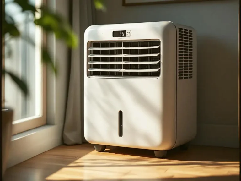 Moderne witte aircooler met digitaal display op houten vloer in huiselijke setting met natuurlijk licht