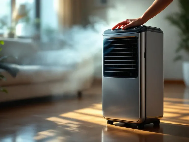Moderne aircooler op houten vloer met zichtbare koele nevel, hand bedient bedieningspaneel in zonnige woonkamer