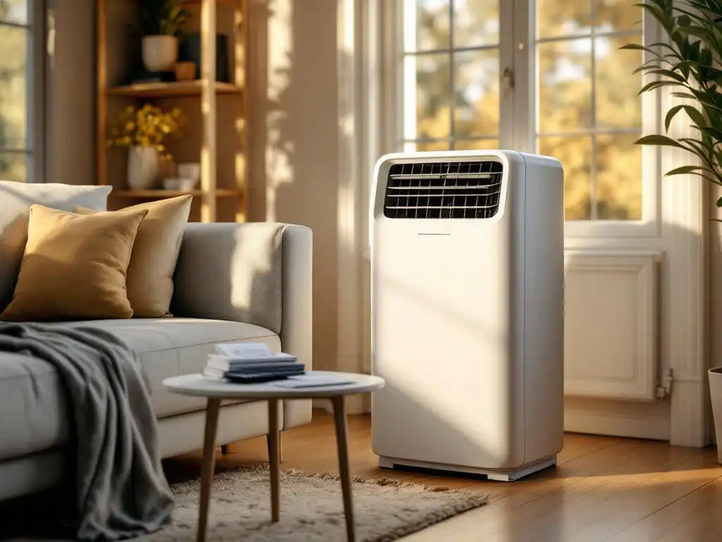 Moderne aircooler op houten vloer naast bank, energierekeningen en rekenmachine op salontafel in woonkamer