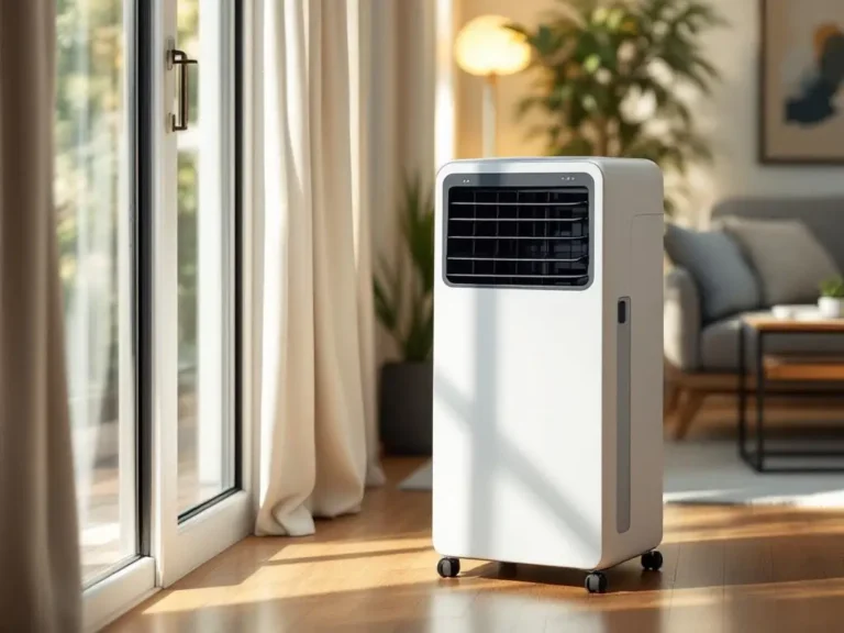 Witte luchtkoeler in moderne woonkamer bij raam met natuurlijk licht en houten vloer