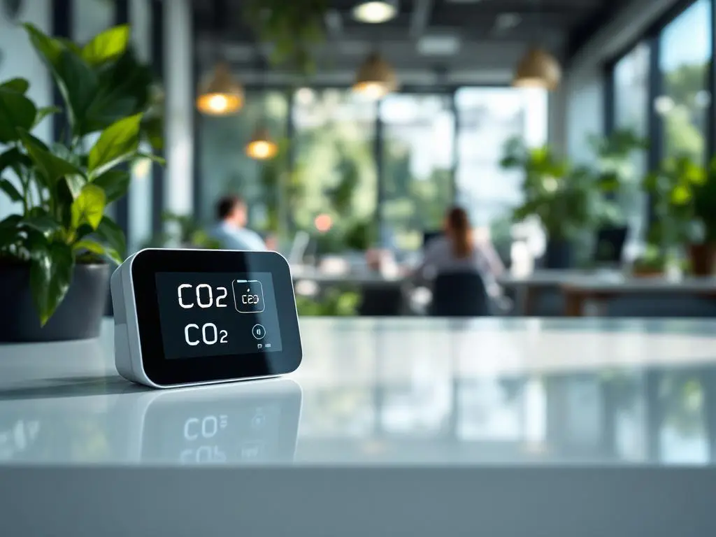 Luchtkwaliteitsmonitor met CO2-metingen op wit bureau in modern kantoor met planten en werknemers op achtergrond