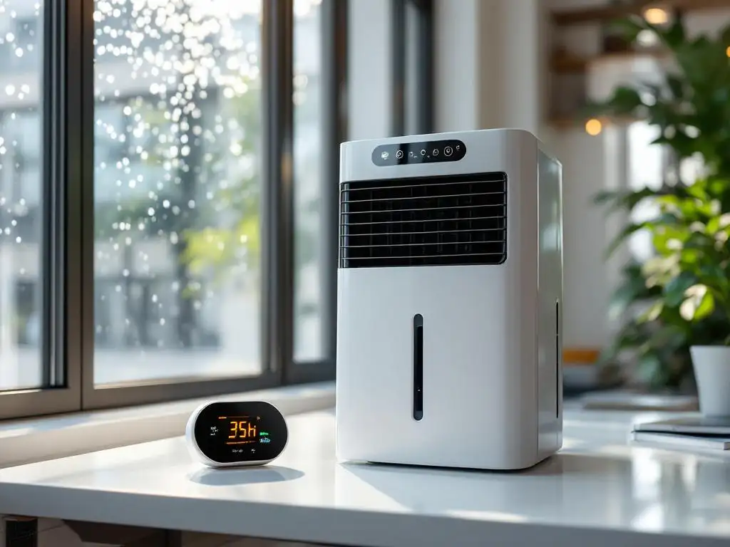 Moderne kantoor luchtontvochtiger in heldere werkruimte met hygrometer die optimale luchtvochtigheid toont