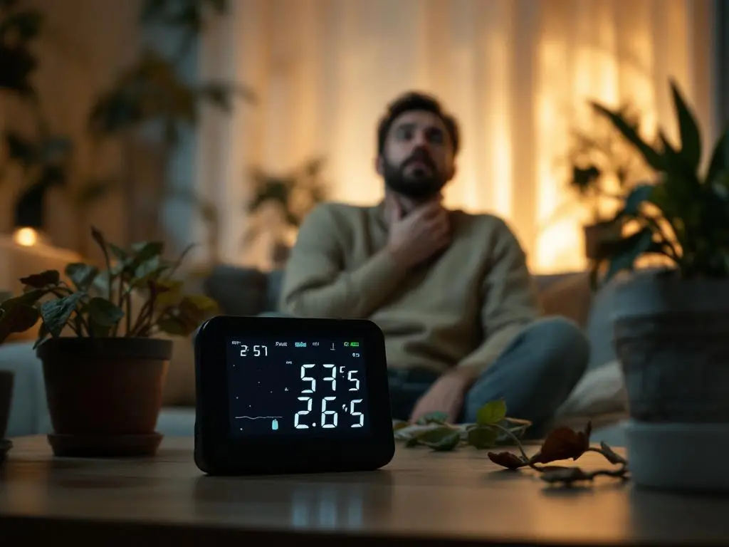 Persoon raakt bezorgd keel aan in droge woonkamer met hygrometer op tafel die luchtvochtigheid toont