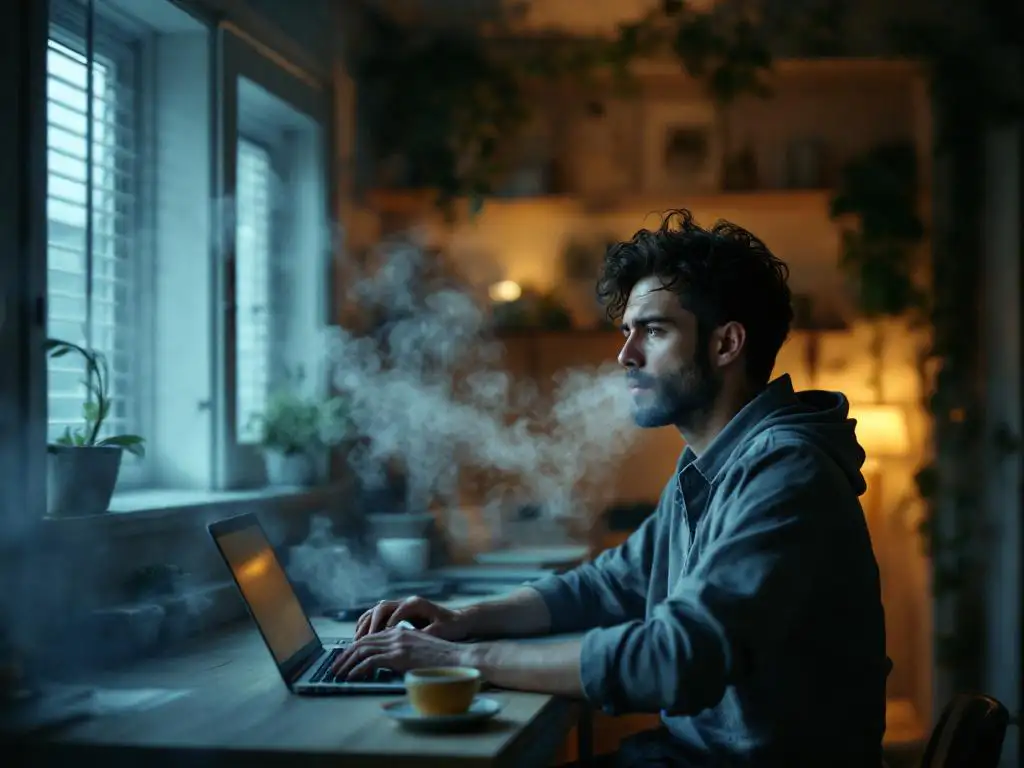 Persoon werkt ongemakkelijk op laptop in benauwd kantoor met slechte luchtkwaliteit en condensatie in de lucht