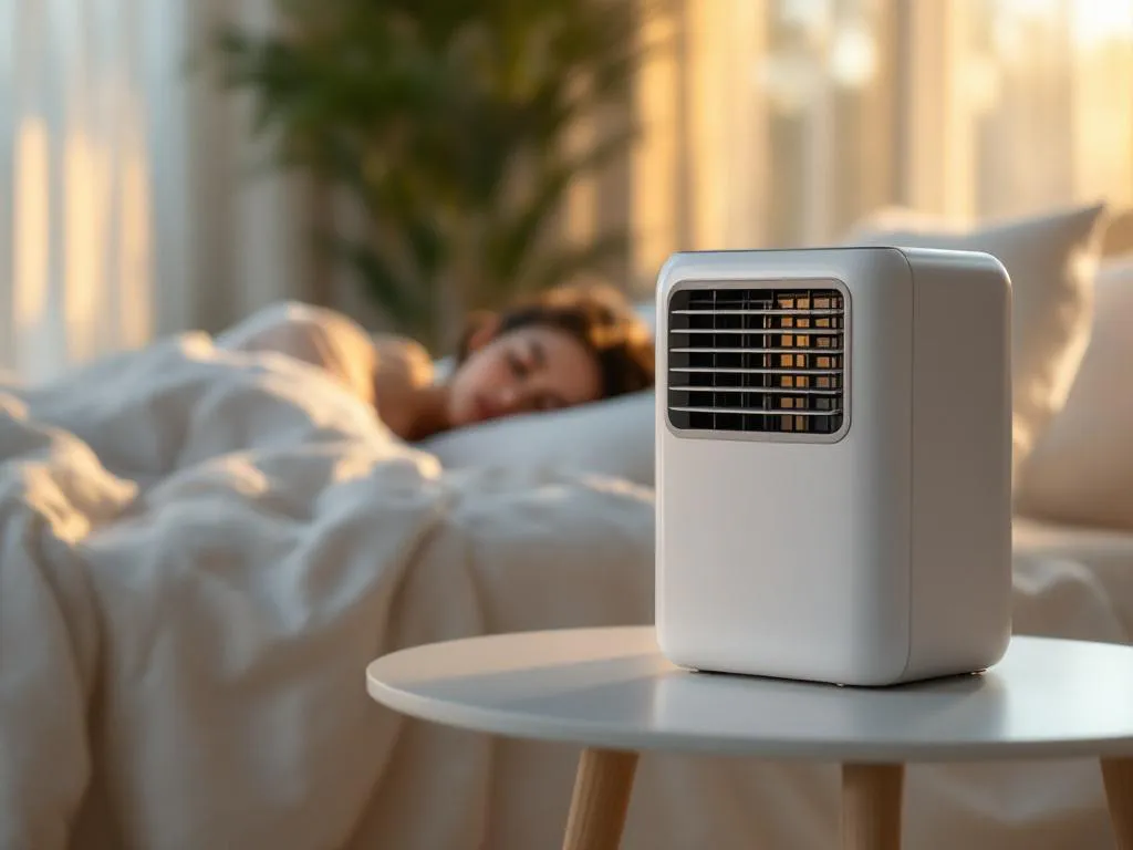 Moderne stille aircooler op wit bureau in serene slaapkamer met zachte verlichting en slapende persoon op achtergrond