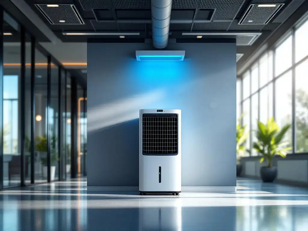 Moderne verdampingskoeler in hedendaagse kantoorruimte met airconditioning en natuurlijk licht door grote ramen
