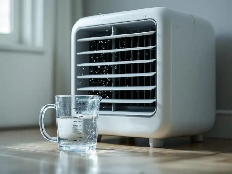 Moderne verdampingsluchtkoeler op houten vloer met waterdruppels, meetbeker met water ernaast in natuurlijk licht