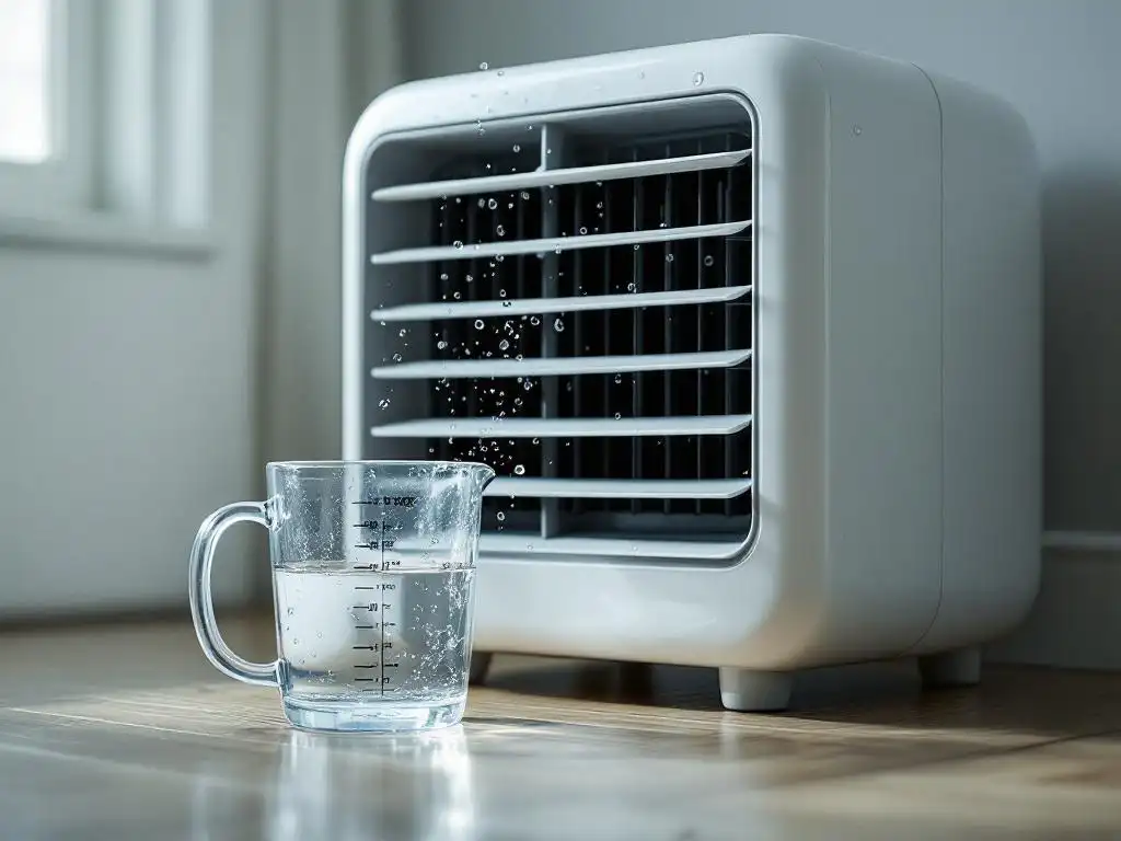 Moderne verdampingsluchtkoeler op houten vloer met waterdruppels, meetbeker met water ernaast in natuurlijk licht