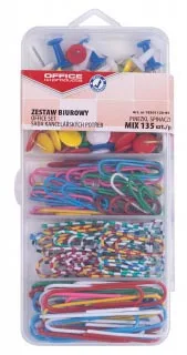 Transparant doosje OFFICE products office set met 135 papierklemmen, punaises en push pins in kleuren