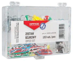 Transparant doosje van OFFICE products office set met 153 papierklemmen, push pins, punaises en foldback clips