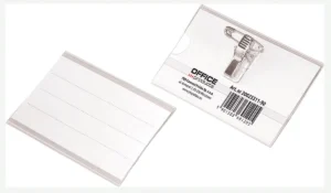 Witte OFFICE products badge met combiklem van 90 × 57 mm