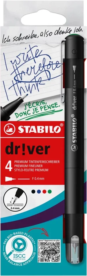 STABILO dr!ver fineliner, fijne punt, geassorteerde kleuren, blister van 4 stuks — office fineliners