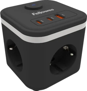 Fellowes contactdoos Power Cube, 3 stopcontacten + 1 x USB-A + 2 x USB-C, zwart, voor Nederland — elektriciteit