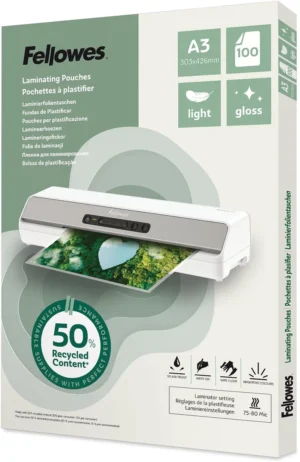 Fellowes lamineerhoes 50 % gerecycleerd, glanzend, ft A3, pak van 100 stuks — toebehoren voor lamineermachines