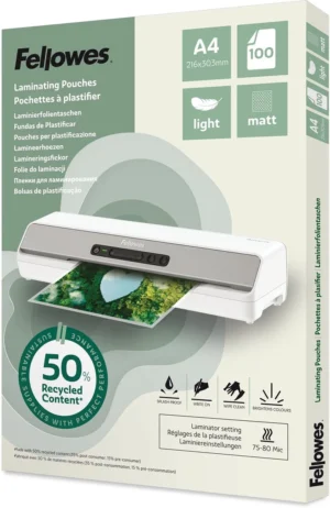 Fellowes lamineerhoes 50 % gerecycleerd, mat, ft A4, pak van 100 stuks — toebehoren voor lamineermachines