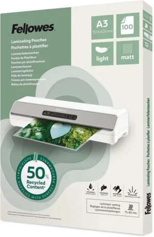 Fellowes lamineerhoes 50 % gerecycleerd, mat, ft A3, pak van 100 stuks — toebehoren voor lamineermachines