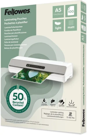 Fellowes lamineerhoes 50 % gerecycleerd, mat, ft A5, pak van 100 stuks — toebehoren voor lamineermachines