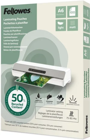 Fellowes lamineerhoes 50 % gerecycleerd, mat, ft A6, pak van 100 stuks — toebehoren voor lamineermachines