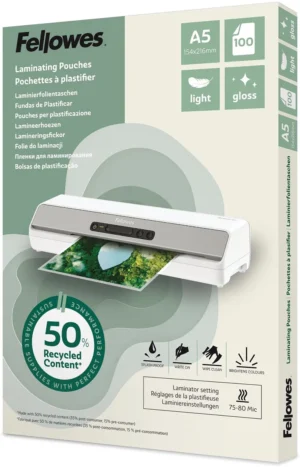 Fellowes lamineerhoes 50 % gerecycleerd, glanzend, ft A5, pak van 100 stuks — toebehoren voor lamineermachines