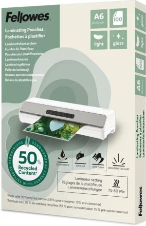 Fellowes lamineerhoes 50 % gerecycleerd, glanzend, ft A6, pak van 100 stuks — toebehoren voor lamineermachines