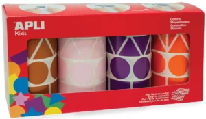 Apli Kids stickers XL, doos met 4 rollen in 4 kleuren en 4 vormen (bruin, roze, paars en oranje) — fantasiesticker