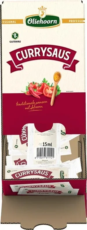 Doos Oliehoorn Currysaus met 150 individueel verpakte zakjes van 15 ml