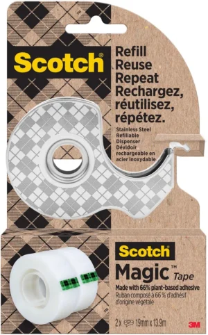 Scotch duurzame dispenser uit RVS, met 2 rolletjes Scotch Magic Tape ft 19 mm x 13,9 m — transparante plakband