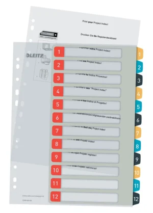 Leitz Cosy tabbladen, ft A4, 11-gaatsperforatie, PP, geassorteerde kleuren, set 1-12 — numerieke tabbladen
