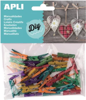 Apli houten gekleurde mini wasknijpers, blister met 45 stuks in geassorteerde kleuren — knutsel- en decoratiemateriaal