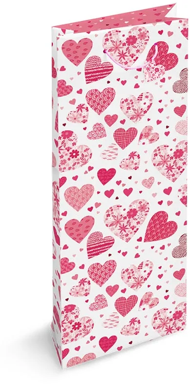 Witte geschenkzak Listen To Your Heart met roze hartjes voor een fles