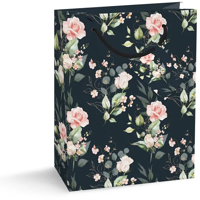 Zwarte geschenkzak Spirit Of Roses maat M met roze rozenmotief en beschrijfbaar label