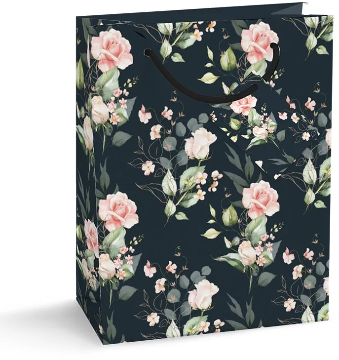 Zwarte geschenkzak Spirit Of Roses van papier met roze rozen en beschrijfbaar label