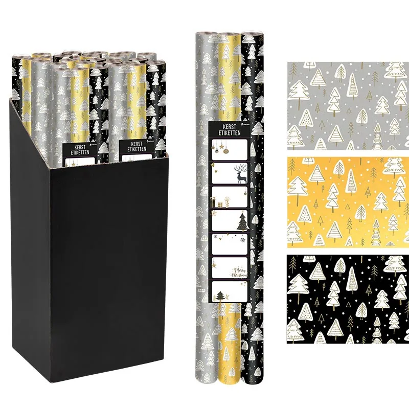 Drie rollen Merkloos VH geschenkpapier Kerst van 70 cm × 2 m in zwart, goud en zilver