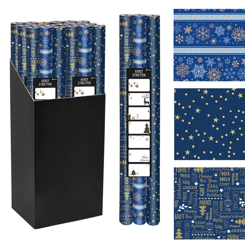 Drie rollen Merkloos VH geschenkpapier Kerst van 70 cm × 2 m in blauw