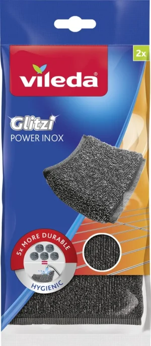 Vileda Glitzi Power inox schuurspons, ft 10 x 10 x 1,2 cm, pak van 2 stuks — schoonmaakbenodigdheden