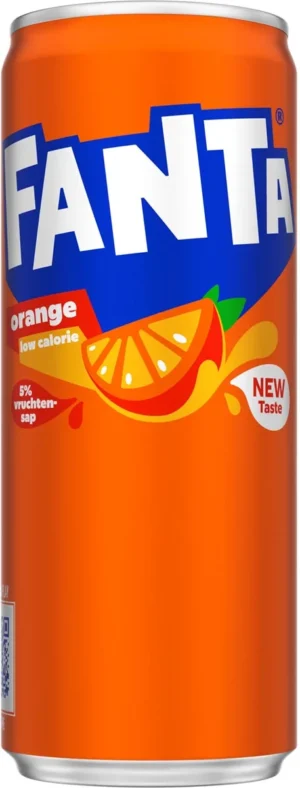Fanta Orange frisdrank, sleek blik van 25 cl, pak van 24 stuks. — drank en eetwaren
