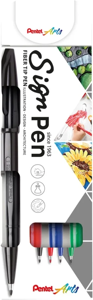 Pentel Sign Pen S520, blister van 4 stuks in geassorteerde kleuren — office fineliners