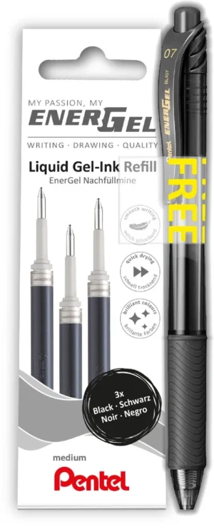 Pentel vulling Energel, 0,7 mm, zwart, 3 stuks + roller (GRATIS) — vullingen voor rollers