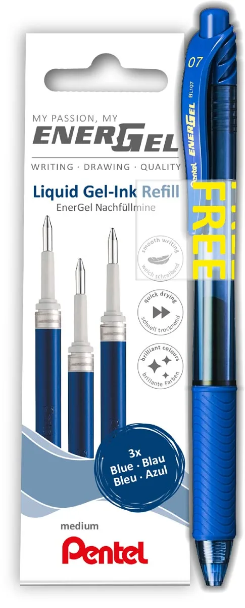 Pentel vulling Energel, 0,7 mm, blauw, 3 stuks + roller (GRATIS) — vullingen voor rollers