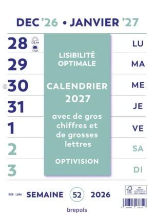 Brepols Optivision Wand-week kalender, Franstalig, 2027 — mementokalender 2027