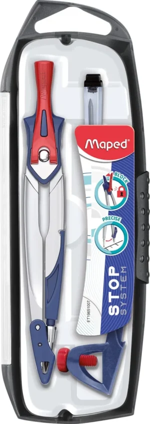 Maped passer Stop System, 3delige passerdoos met 1 passer Stop System, 1 universeel inzetstuk, 1 kokertje — schoolpasser