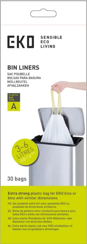 Eko vuilniszakken met trekbandsluiting, 3-6 liter, wit, 1 rol, 30 zakken — toebehoren voor vuilnisbakken