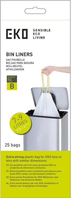 Eko vuilniszakken met trekbandsluiting, 7-9 liter, wit, 1 rol, 25 zakken — toebehoren voor vuilnisbakken
